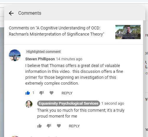  blog image - Equanimity Psychological Services’ Founder—Thomas Brown MBPsS Receives a Positive Comment From World Leading Authority in OCD—Dr. Steven Phillipson.